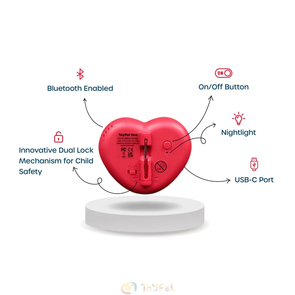 The back of ToyPal One showing the child-proof lock, Bluetooth button, power control, nightlight and USB-C charging port